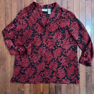 Jaclyn Smith Women’s Black Sheer and Red Floral Appliqué Shirt Blouse Size XL